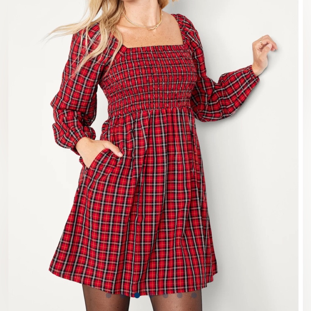NWT - Old Navy - Fit & Flare Long-Sleeve Plaid Seersucker Mini Dress